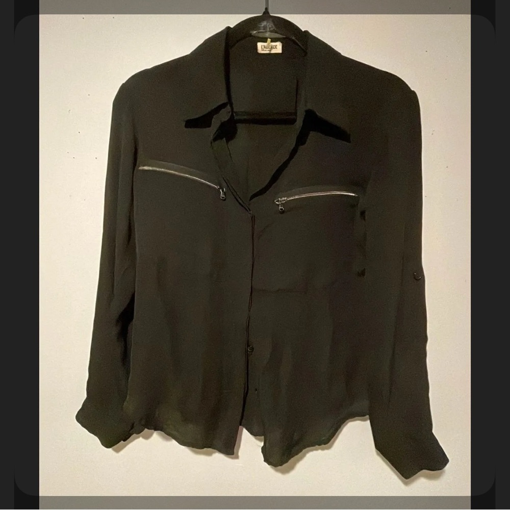 Lagence Black Button-Up Blouse with Zipper Pockets